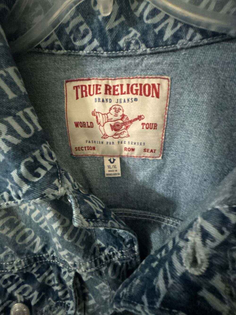 True Religion Jesse Trucker Jacket Size XL/XL Blue All Over Print Denim
